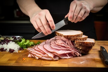 Poster - human hand using a knife to cut a deli meat sandwich