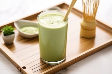 Canvas Print - iced matcha latte on a wooden tray with bamboo whisk