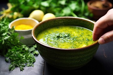 Poster - hand garnishing detox soup with a sprinkle of herbs