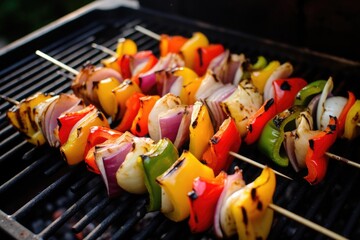 Poster - skewers with grilled peppers and onions being garnished