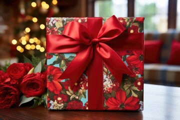 Sticker - gift box with red bow and holiday-themed wrapping paper