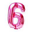 pink number 6 mylar helium birthday balloon on transparent isolated png background