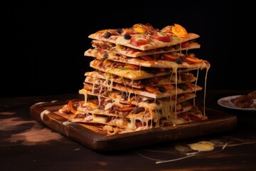 Poster - a stack of pizza boxes with one piece of pizza left inside one