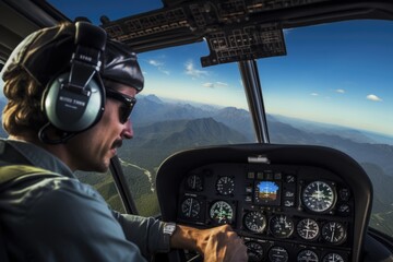 Wall Mural - a man sitting in the cockpit of a plane. this image can be used to depict aviation, pilots, or the e