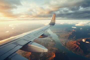 Wall Mural - a close-up view of the wing of an airplane as it flies over a serene body of water. this image captu
