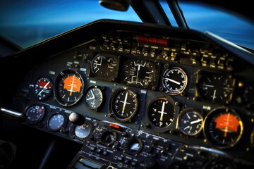 Wall Mural - a detailed close-up of a plane's cockpit with various gauges. this image can be used to depict aviat