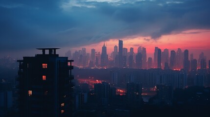 As twilight descends, a surreal cityscape unfolds, where skyscrapers morph into dreamlike pillars against the dusky palette. 