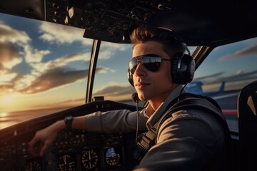 Wall Mural - a man is seated in the cockpit of a plane. this image can be used to depict aviation, pilots, flight