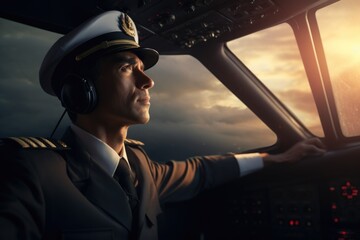 Wall Mural - a man in a pilot's uniform sitting in the cockpit of a plane. suitable for aviation-related projects