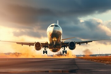 Wall Mural - A large jetliner is captured in motion as it takes off from an airport runway. This image can be used to depict the excitement and thrill of air travel.