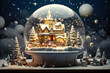 christmas scene in a snow globe , miniature with a small snowy town and warm christmas lights