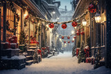 Fototapeta Fototapeta Londyn - Christmas and winter holiday marketing background, with winter and christmas tree themes, christmas ornaments and presents, snowy vibes.