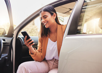 Poster - Phone, car and business woman in city for morning commute, travel and journey to work. Professional, gps app and person in motor vehicle on smartphone for social media, website and communication