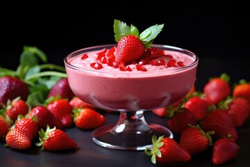 Poster - strawberry mousse topped with fresh strawberries on a glass bowl