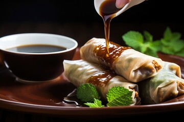 Sticker - hand dipping spring roll in soy sauce