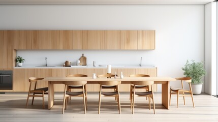 Wall Mural - large kitchen room with modern interior design with wood table and chairs for home against the background white wall style, Generative AI