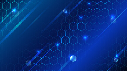 Wall Mural - Abstract hexagons on the blue background. Hi-tech digital technology and engineering concept. Digital template with polygons for medical and science banners or presentations.