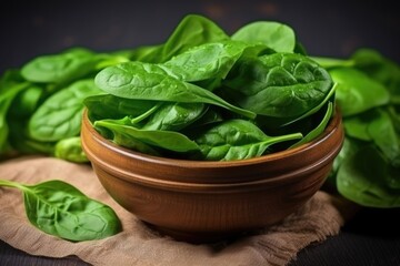 Wall Mural - fresh green spinach leaves in a ceramic bowl