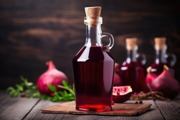 Sticker - pomegranate juice in a bottle on a table