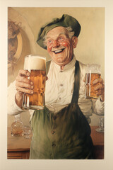 drunk old man holding 2 glasses of beer, vintage lithograph advertising print on textured cream pape