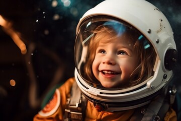 portrait of cute little boy in astronaut helmet on the background of space.
