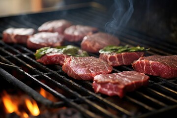 raw venison steaks on grill before cooking process