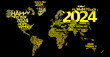Bonne Année 2024 nuage de mots tag cloud happy new year texte voeux jour de l'an carte du monde
