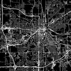 1:1 square aspect ratio vector road map of the city of  Kalamazoo Michigan in the United States of America with white roads on a black background.