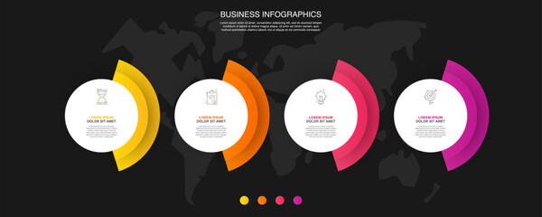 Vector infographics business, process chart design template. Use for presentation and charts. Abstract illustration timeline with 4 circles and icons on the black background