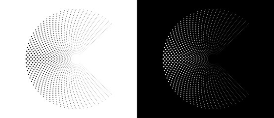 Modern abstract background. Halftone dots in circle form. Round logo. Vector dotted frame. Design element or icon. Black shape on a white background and the same white shape on the black side.