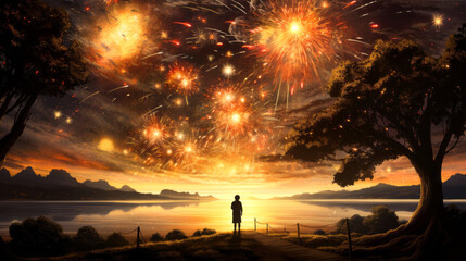 Wall Mural - silhouette of a person watching fireworks over a lake in the countryside