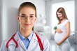 Happy young pregnant woman with doctor at clinic, AI generated image