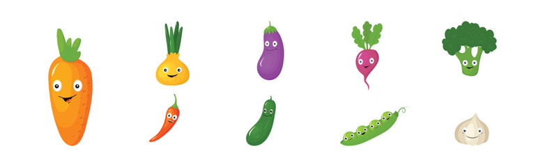 Sticker - Funny Ripe Vegetables Character with Smiling Face Vector Set