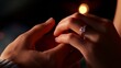  A close up of lovers where Man placing engagement ring on girl's finger and holding it Valentine concept Created by AI