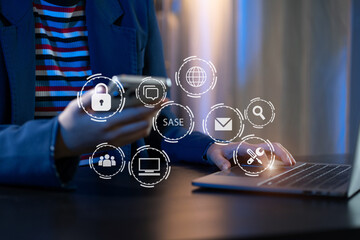 Hand touching Secure Access Service Edge icon on smartphone virtual screen background, password, network, framework and support technology in office. SASE secure access service edge concept.