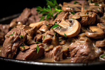 Poster - macro shot showing beef pieces and mushrooms in beef stroganoff