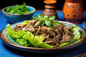 Wall Mural - beef stroganoff with a lettuce salad on a turquoise plate