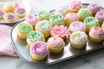 Canvas Print - a dozen pastel-iced easter cupcakes on a metal tray