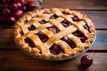 Poster - a cherry pie with a lattice crust on a wooden table