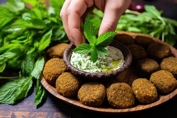 Sticker - hand garnishing a falafel platter with fresh mint leaves