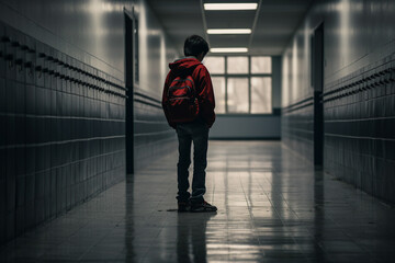 Wall Mural - Generated by AI picture of an upset unhappy young person suffering from depression and bullying in dark school corridor