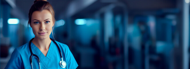 Wall Mural - Nurse or a Doctor, standing in a hospital hallway. Portrait of a female healthcare provider. Shallow field of view.