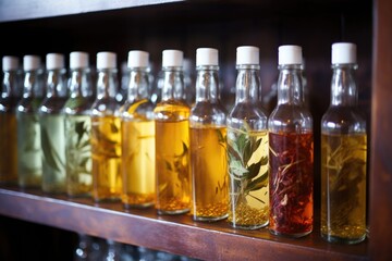 Canvas Print - glass bottles of iced herbal tea lined on a shelf