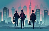 Illustration group of people in diversity vector graphic 2D, Group men woman shadow walking in urban city skycraper