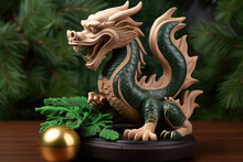 Green Wooden Dragon Figurine On A Table With Fir Branches In The Background. Symbol Of The New Year.