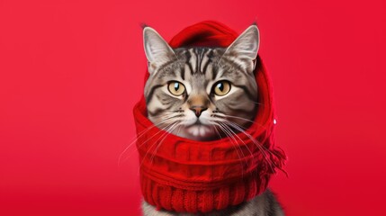 Wall Mural - Cat wearing a Winter Scarf and Hat on a Red Background with Space for Copy - generative AI