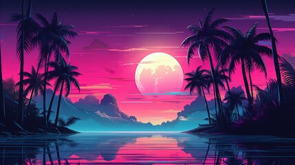 Wall Mural - cool retrowave or synthwave style poster wallpaper background, night grid poster