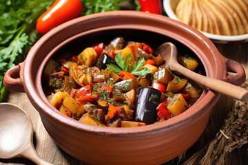 Sticker - close-up of ratatouille in a ceramic bowl with wooden spoon