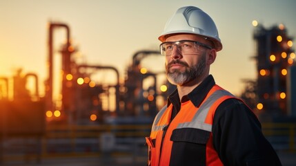 Experienced engineer in orange vest and hard hat stands before oil refinery