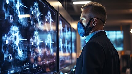 Wall Mural - A male scientist in a white lab coat intently examines a computer screen displaying data,